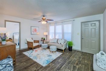 Living room with wood style flooring